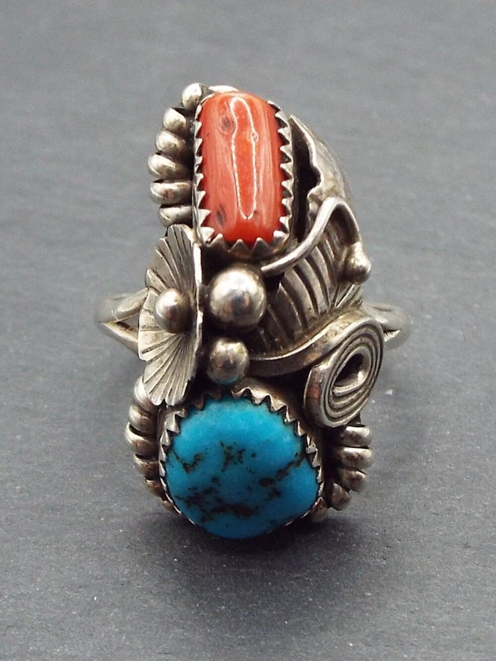 NAVAJO JERRY COWBOY "C" STERLING TURQUOISE & CORAL LEAF SZ 9.5 RING **RARE** 65